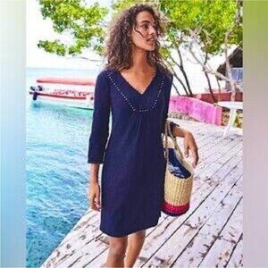 NEW Boden Dress Sz 6 L Swim Cover Up Sheath 100% Cotton Navy Blue Resort Beach
